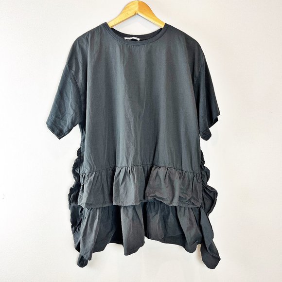Zara Oversized Ruffled Black Cotton Tunic XS - Picture 1 of 4